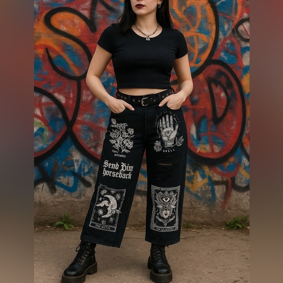 ROMWE Women’s Grafitti Print Wide Leg Ankle Jeans Size 2 Casual Distressed Retro - Picture 1 of 8